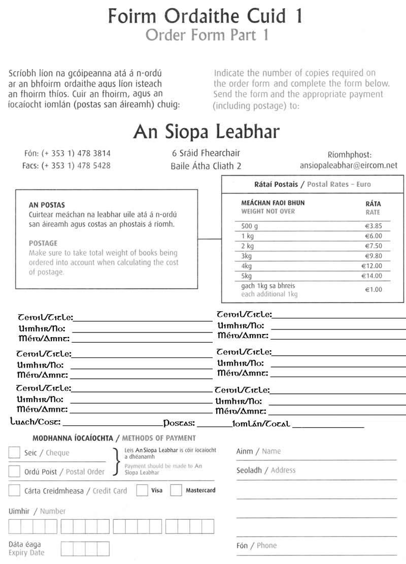 An Siopa Leabhar |Foirm Ordaithe Book Order Form